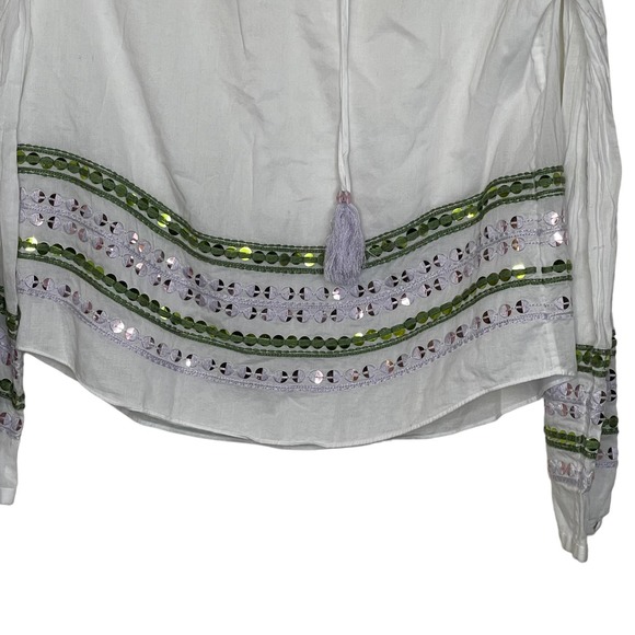 Tory Burch Blouse Size 2 White With Green Pink Sequin 100% Cotton LS Tasseled‎ - Picture 4 of 6